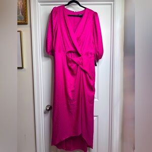 🆕 Express Women Pink V Neck Open Front Faux Wrap Knotted Waist Hi-Lo Maxi Dress